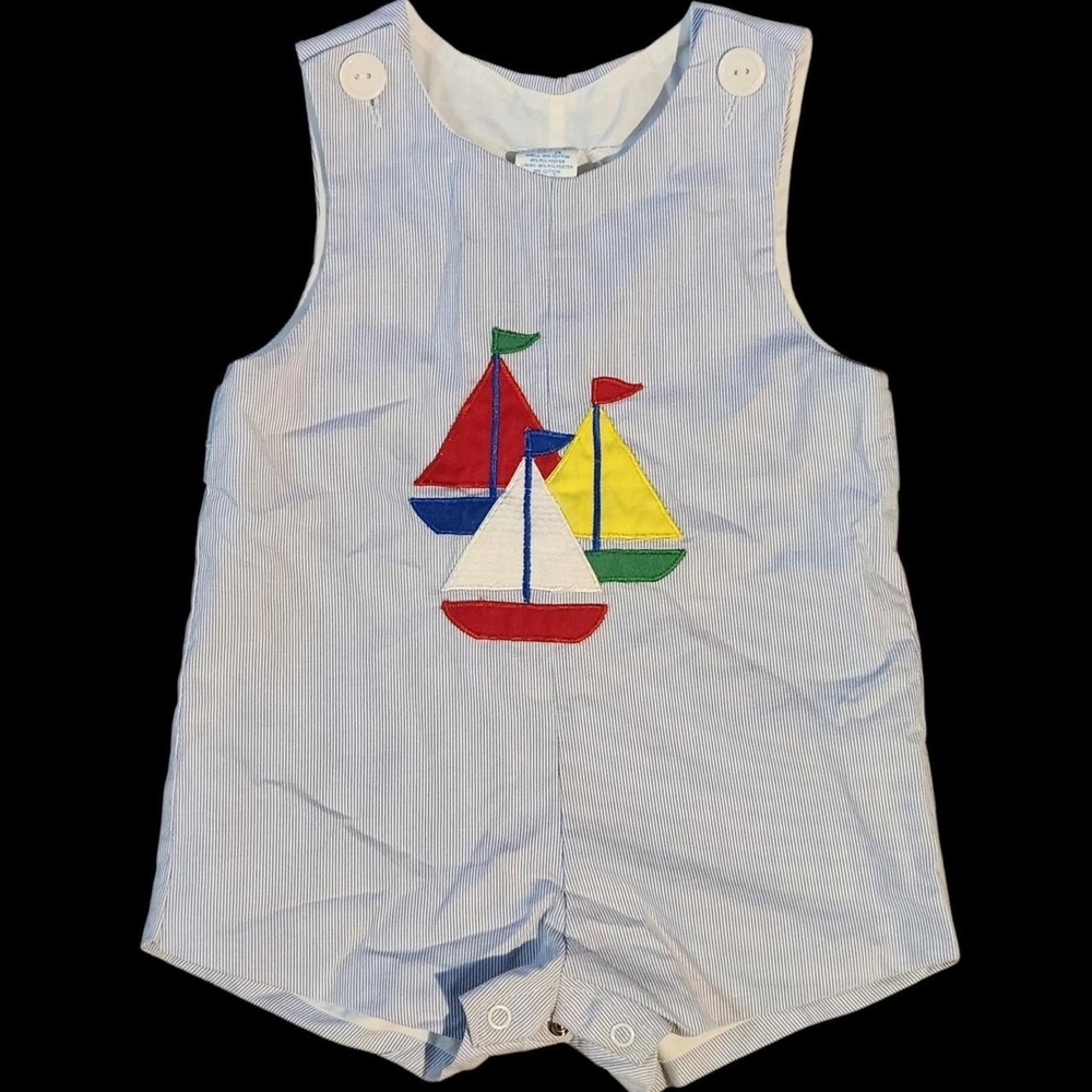 Vintage Seersucker Sailboat Jon Jon Romper Blue White Pinstripe 24